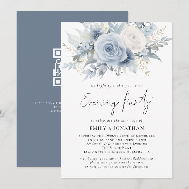 Invitación Florals QR Código Dusty Blue Boda Evending Fiesta (Anverso / Reverso)