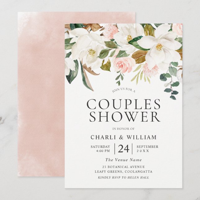 Invitación Florals Rubor & White Elegant Couples Shower (Anverso / Reverso)