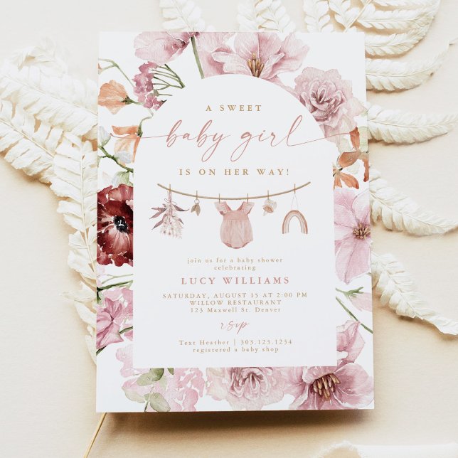 Invitación Florals Sweet Baby Girl Clothesline Baby Shower (Subido por el creador)
