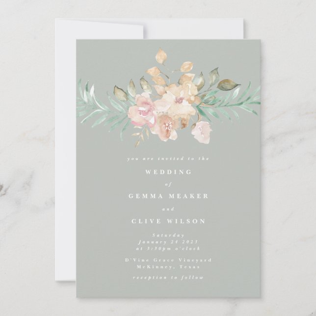 Invitación Floras de acuarela rústica en Boda verde sabio (Anverso)