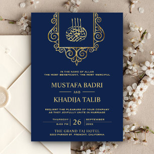 Invitación Floreado Antiguo Dorado Azul Islámico Boda