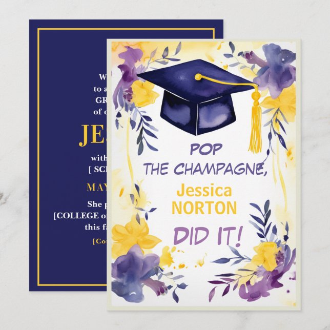 Invitación 🎓Florece la graduación de Champagne (Anverso / Reverso)