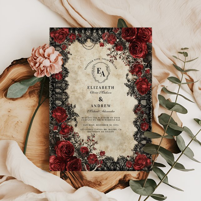 Invitación Florecen el encaje negro victoriano y el Crimson (Subido por el creador)