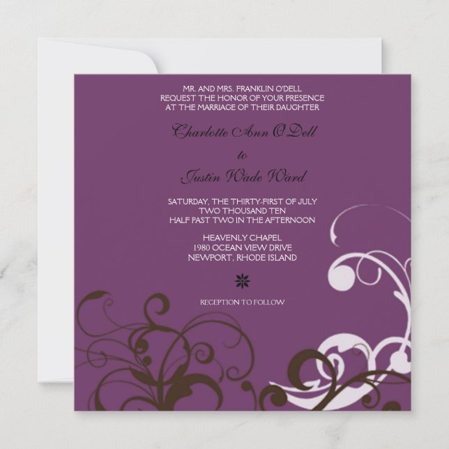 Invitación florecer; boda púrpura (Anverso)