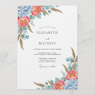 Invitación Florecer Botánico Azul Coral Boda