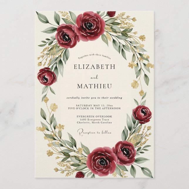 Invitación Florecer Botánico de Borgoña Boda (Anverso)