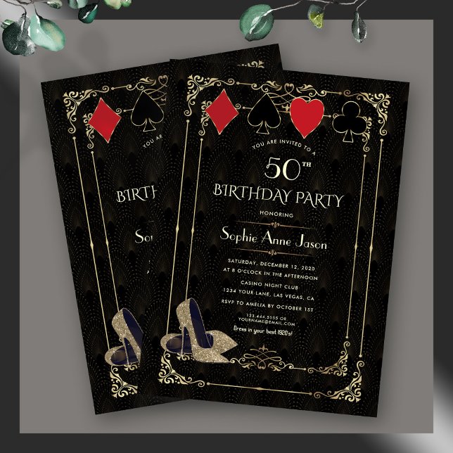 Invitación Florecer Cumpleaños de Casino Vegas Poker Art Deco (glam Art Deco birthday invitation, roaring 20s birthday invite, 50th birthday great Gatsby invite)
