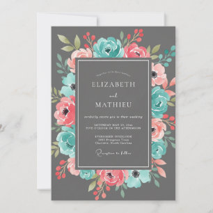 Invitación Florecer de Coral Teal Romance Boda