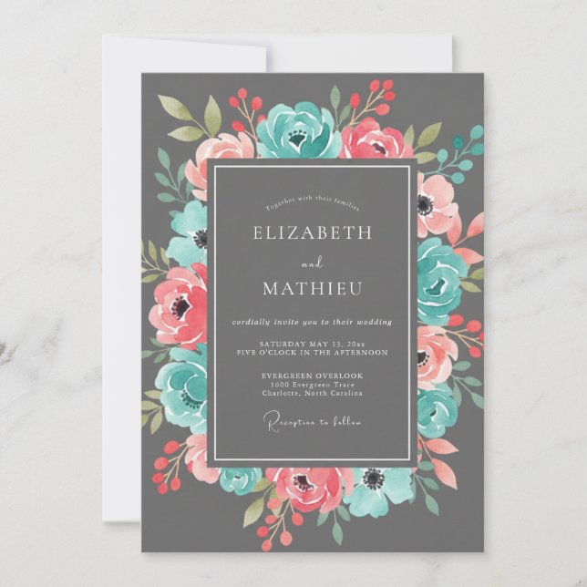Invitación Florecer de Coral Teal Romance Boda (Anverso)