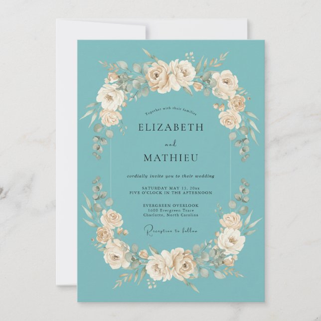 Invitación Florecer de Crema Verde Azul Boda (Anverso)