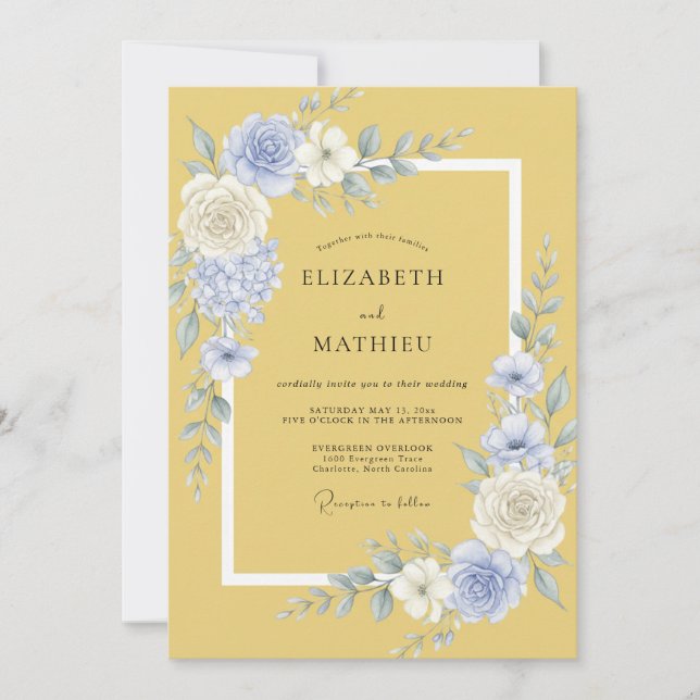 Invitación Florecer de Flor Amarilla Azul Boda (Anverso)