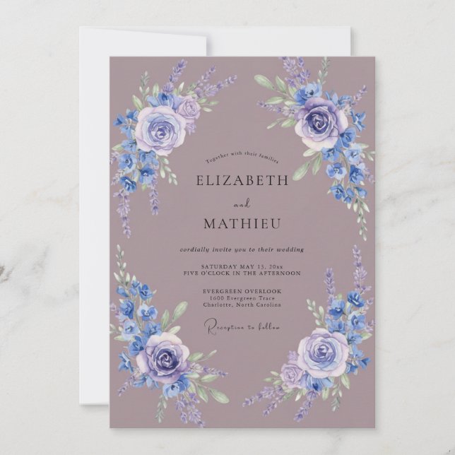 Invitación Florecer de Flor de Lavanda Azul Boda (Anverso)