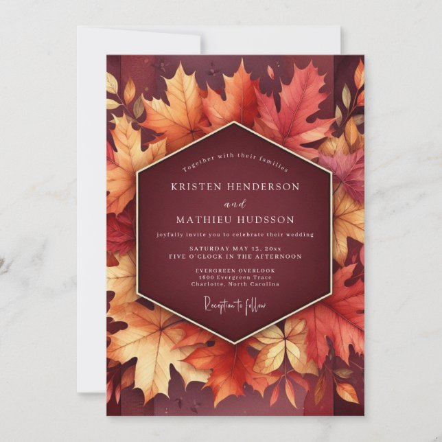 Invitación Florecer de Hoja de Otoño Borgoña Boda (Anverso)