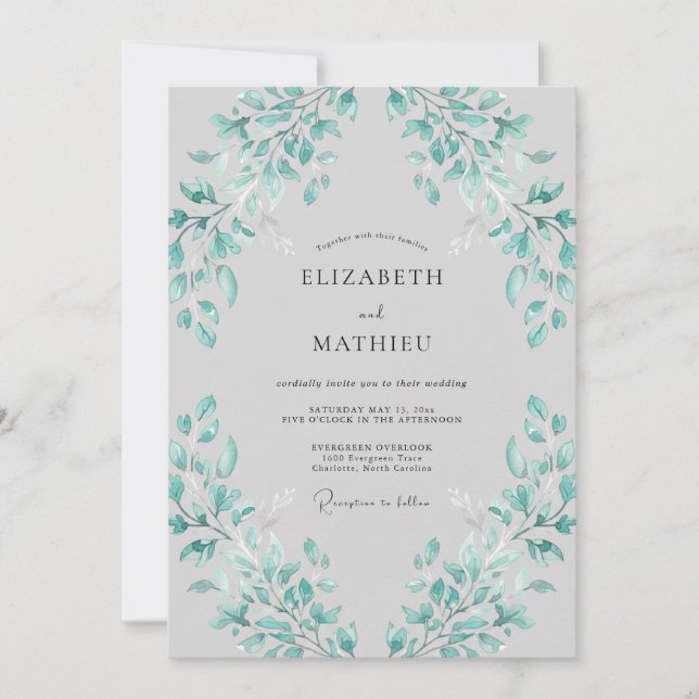 Invitación Florecer de Hoja Verde Azul Boda (Anverso)