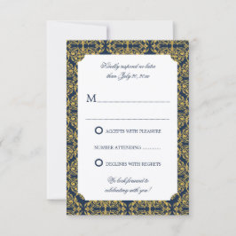 Invitación Florecer de oro falso Damasco Azul Marino RSVP