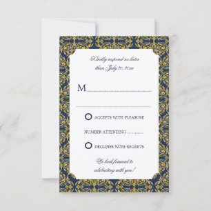 Invitación Florecer de oro falso Damasco Azul Marino RSVP