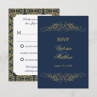 Invitación Florecer de oro falso Damasco Azul Marino RSVP
