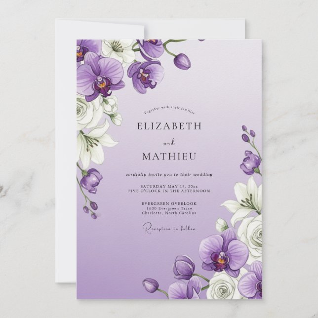 Invitación Florecer de Orquídea Lavanda Boda (Anverso)