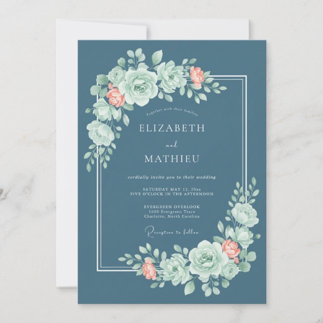Invitación Florecer de Rosa Teal Caprichoso Boda (Anverso)
