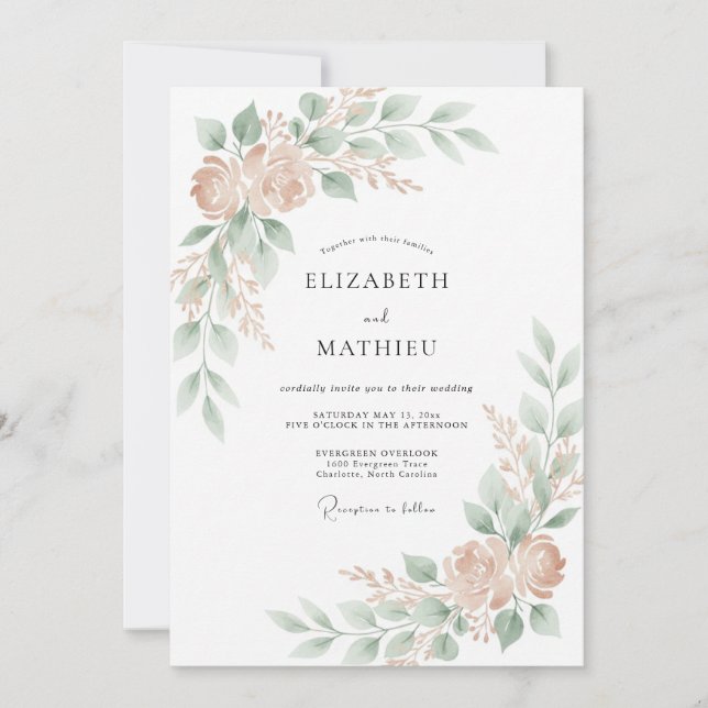 Invitación Florecer de Verde Rubor Romance Boda (Anverso)