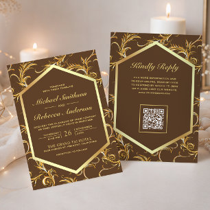 Invitación Florecer en oro marrón Código QR Boda