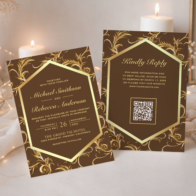 Invitación Florecer en oro marrón Código QR Boda (Subido por el creador)