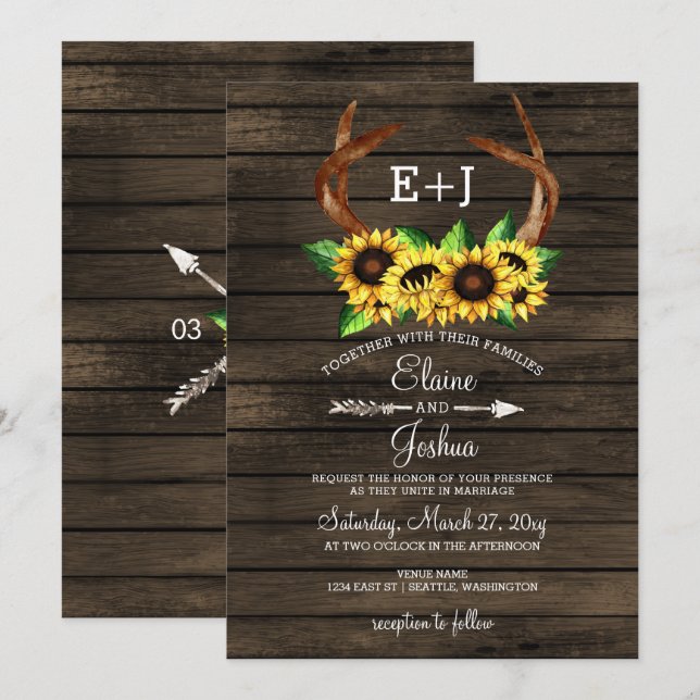 Invitación Floreciente Boda de Moda de Sunflowers Antlers Cou (Anverso / Reverso)