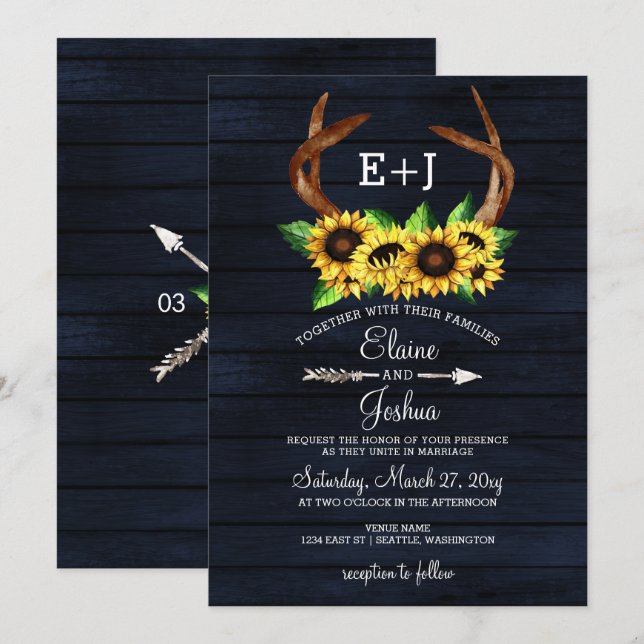 Invitación Floreciente Boda de Moda de Sunflowers Antlers Cou (Anverso / Reverso)
