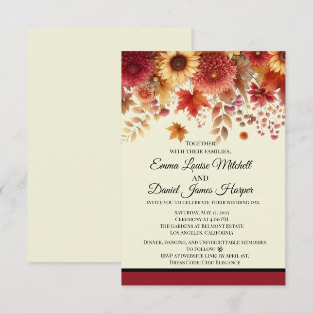 Invitación Floreciente crema floral acuarela de otoño (Anverso / Reverso)