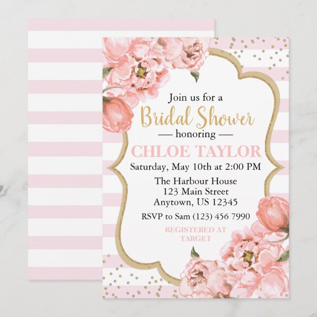Invitación Florecientes Peonies Pink Rubor & Gold Bridal Show (Anverso / Reverso)