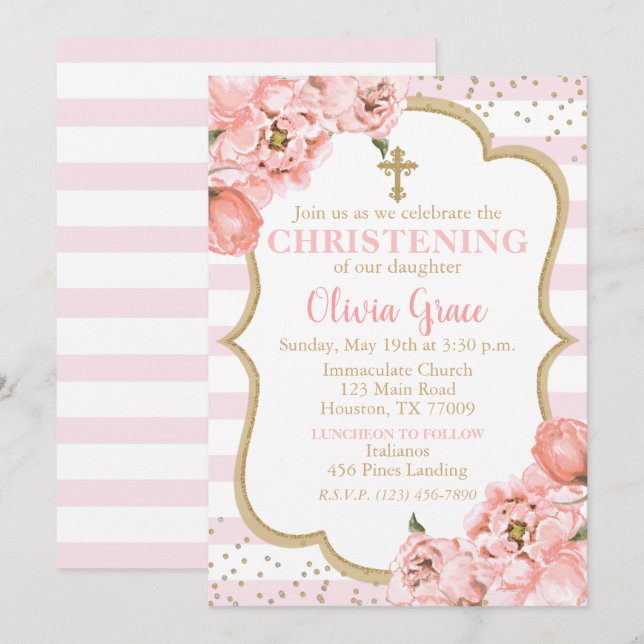 Invitación Florecientes Peonies Pink Rubor & Gold Christening (Anverso / Reverso)