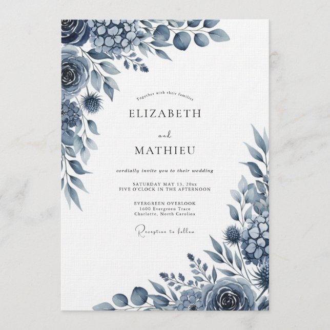 Invitación Florecimiento Artístico Índigo Boda (Anverso)