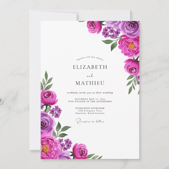 Invitación Florecimiento Artístico Magenta Boda (Anverso)