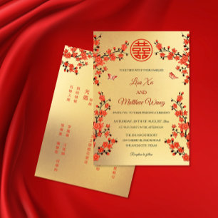 Invitación Florecimiento bilingüe de cerezo rojo   Boda chino