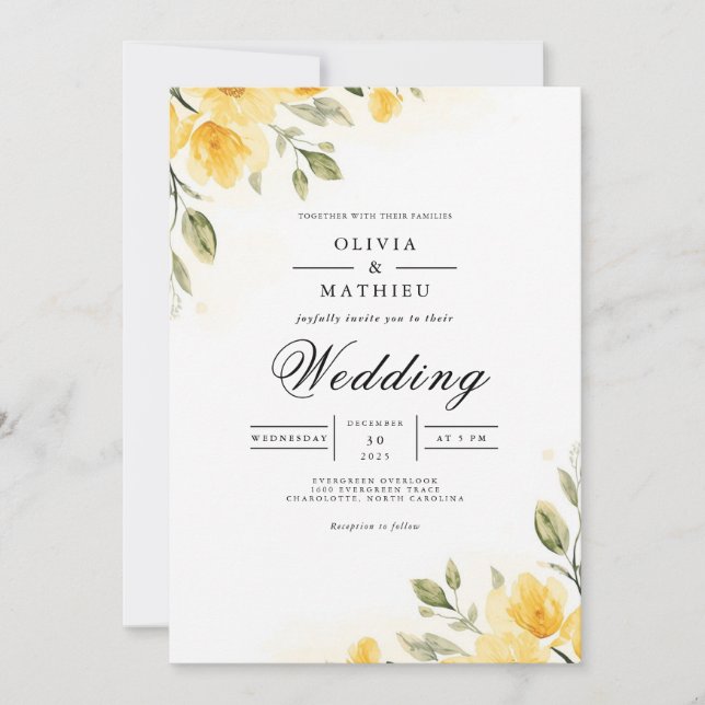 Invitación Florecimiento Botánico Amarillo Suave para Boda (Anverso)