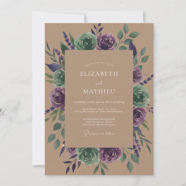 Invitación Florecimiento Botánico de Salvia Ciruela Boda (Anverso)