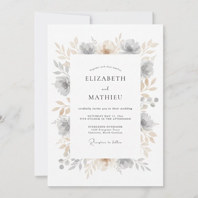 Invitación Florecimiento Botánico Etéreo Gris para Boda (Anverso)