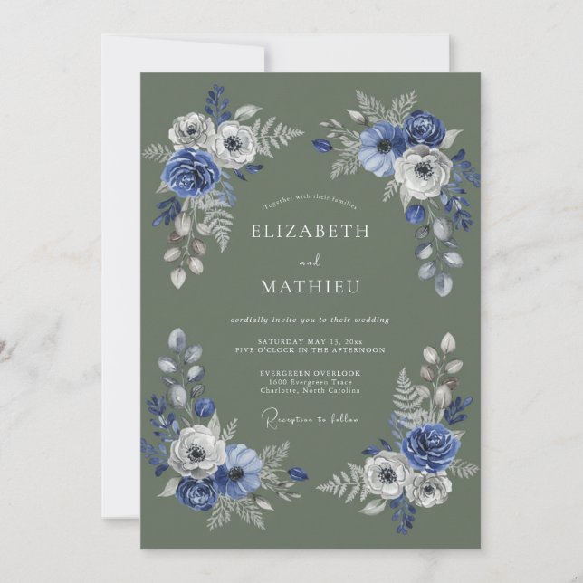 Invitación Florecimiento Botánico Verde Índigo Boda (Anverso)