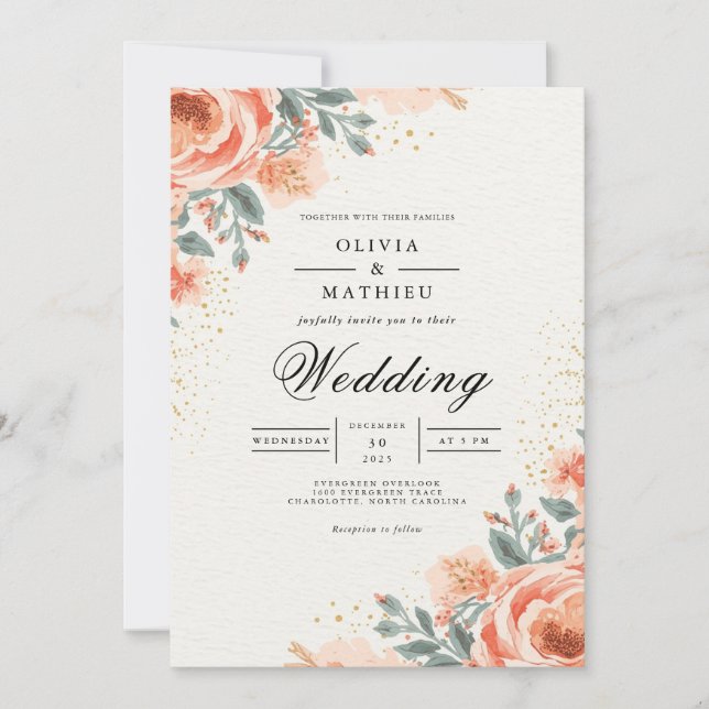 Invitación Florecimiento de Arco Floral Melocotón para Boda (Anverso)