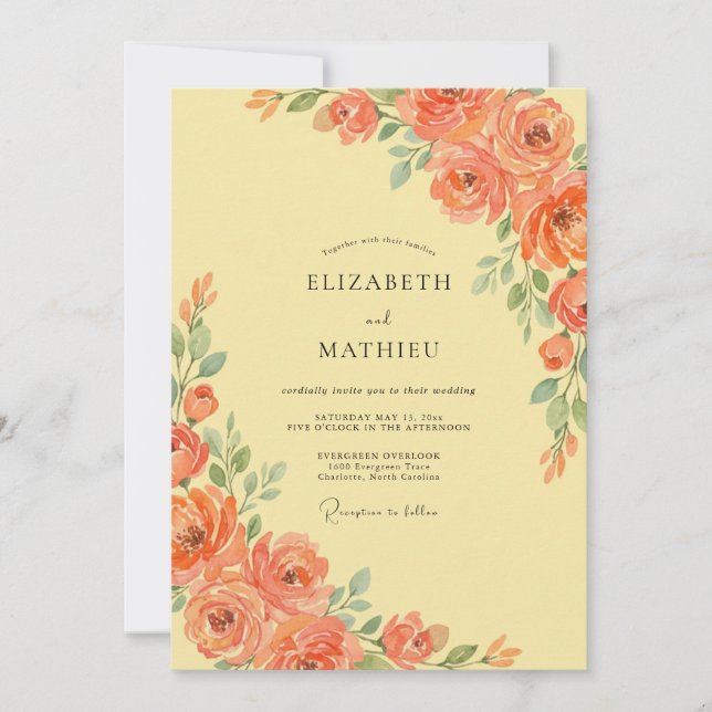 Invitación Florecimiento de boda de coral (Anverso)