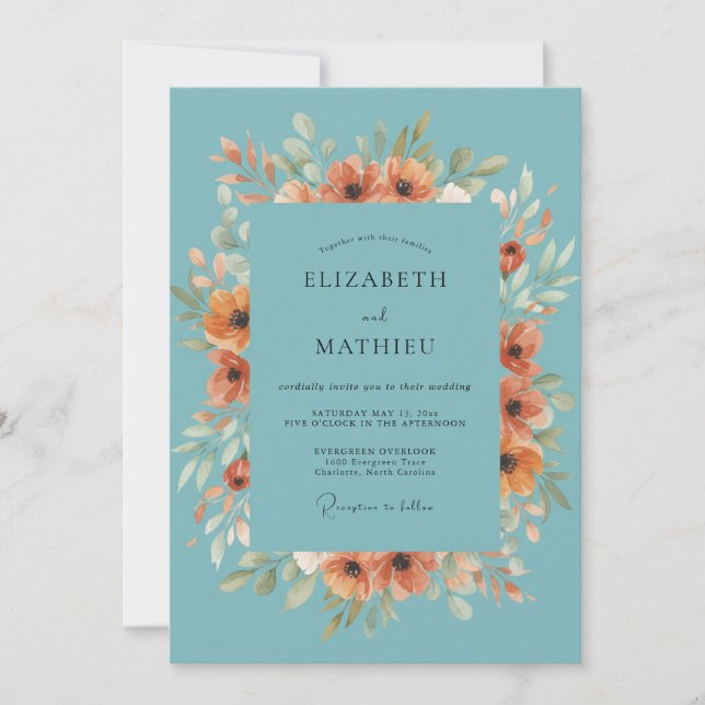 Invitación Florecimiento de boda de flor de naranja azul verd (Anverso)