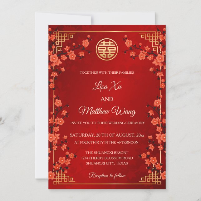 Invitación Florecimiento de cerezo rojo BILINGUAL | Boda chin (Anverso)