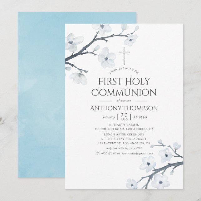 Invitación Florecimiento de cerezos blancos primera comunión  (Anverso / Reverso)