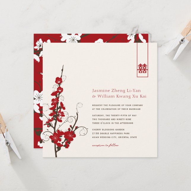 Invitación Florecimiento de cerezos rojos Sakura Swirls Boda  (Anverso/Reverso In Situ)