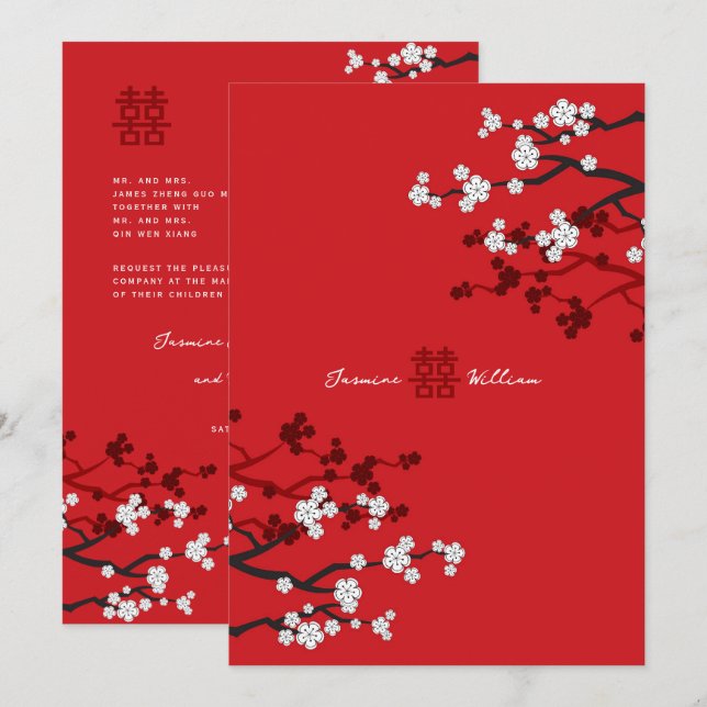 Invitación Florecimiento de cerezos y doble felicidad Boda ch (Anverso / Reverso)