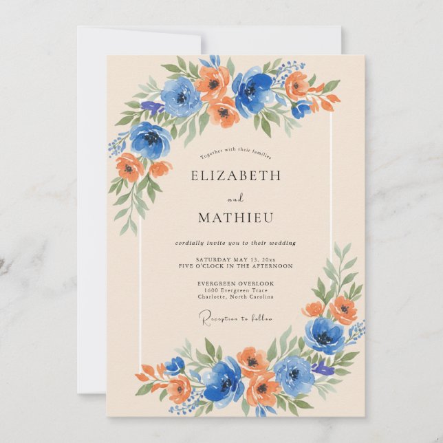 Invitación Florecimiento de Flor de Naranja Azul Boda (Anverso)