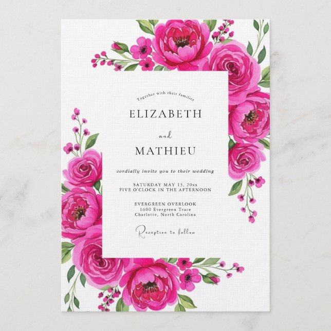 Invitación Florecimiento de Flor Magenta de Boda (Anverso)