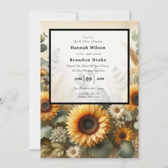 Invitación Florecimiento del girasol en verano iluminado por  (Anverso)