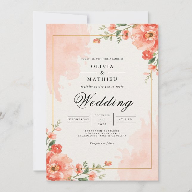 Invitación Florecimiento Floral de Coral para Bodas (Anverso)