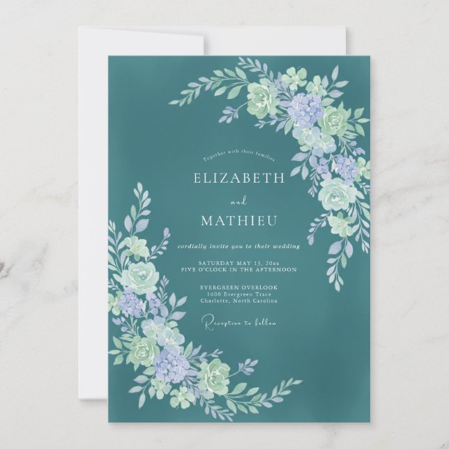 Invitación Florecimiento Floral Turquesa Romance Boda (Anverso)